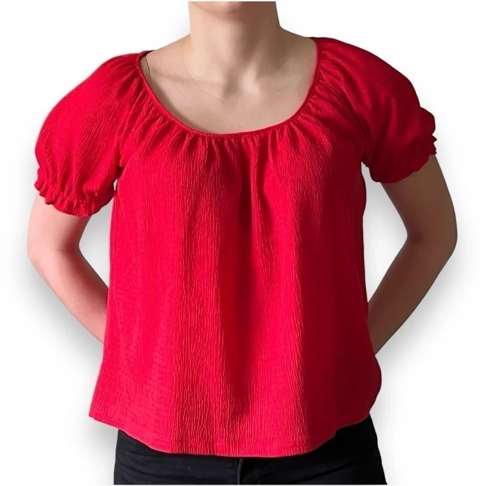 Madewell Texture & Thread Red Smocked Puff Sleeve Blouse